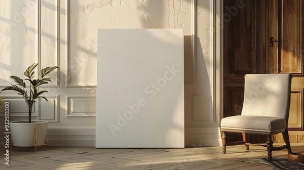Fototapeta Empty White Canvas in a Room with a Chair and Plant