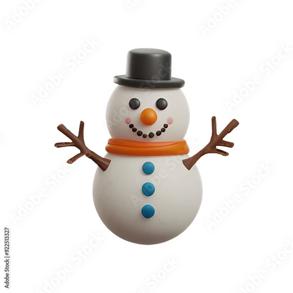 Fototapeta A chibi 3D Snowman with a large head, big eyes, wearing a Christmas-themed hat and scarf, with a carrot nose and coal buttons. The background is transparent.