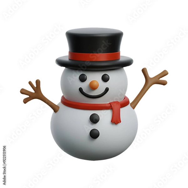 Fototapeta A chibi 3D Snowman with a large head, big eyes, wearing a Christmas-themed hat and scarf, with a carrot nose and coal buttons. The background is transparent.