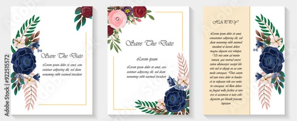 Fototapeta Set of card with flower rose, leaves. Wedding ornament concept. Floral poster, invite. Vector decorative greeting card or invitation design background