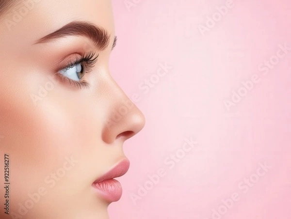 Fototapeta Graceful profile of a woman against a soft pink background in bright daylight