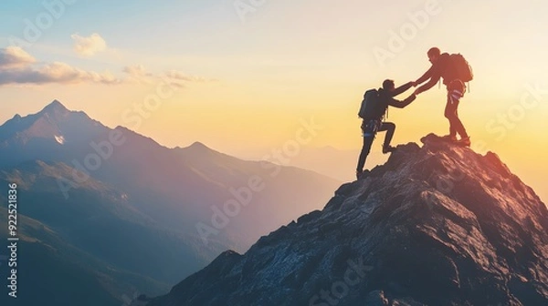 Obraz A person helping another up to the top of the mountain, demonstrating friendship and assistance in climbing