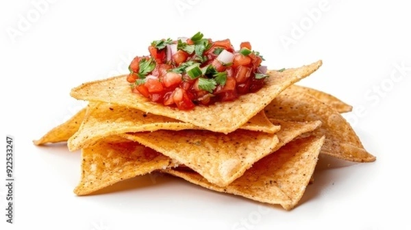 Fototapeta Mouthwatering Stack of Crispy Nachos with Salsa on White Background for Editorial Food Photography in Professional Studio