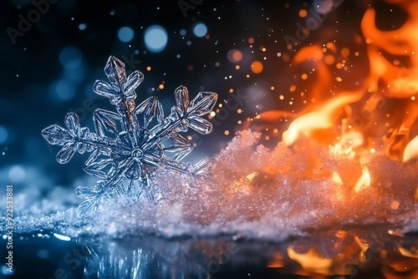 Fototapeta A large, intricate snowflake lies in the snow, with a fiery glow reflecting off the surface behind it.