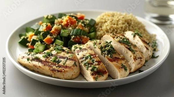 Fototapeta Fresh Grilled Chicken Breast with Quinoa and Veggies on Plate, Editorial Food Photography in Professional Studio - Isolated on White Background