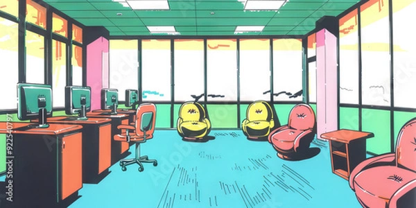 Fototapeta Empty Spaces of Loss: A once-crowded office with vacant chairs and desks, now abandoned