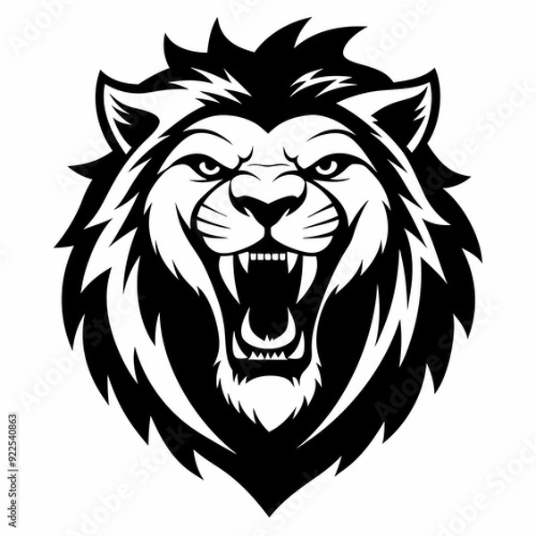 Fototapeta A powerful and evocative black and white illustration of a lion's head, roaring with intensity. Its sharp teeth and fierce expression command attention. 