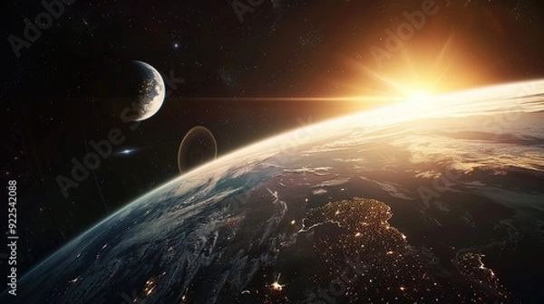 Fototapeta Earthrise with a Distant Moon and Sun Flare