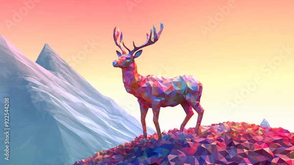 Obraz Abstract deer tech standing on mountain, Ai generate