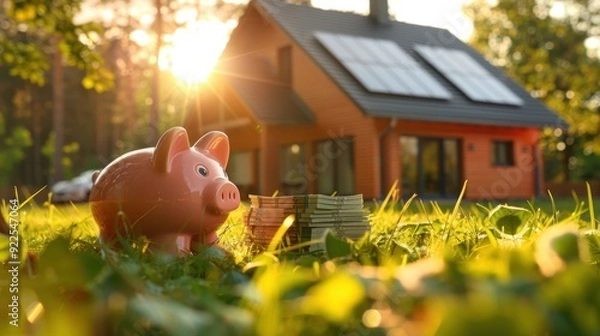 Fototapeta A vibrant scene of a home with solar panels, with a piggy bank and a stack of bills placed on the lawn. The bright sunlight envelops the house, underscoring the theme of energy savings and financial