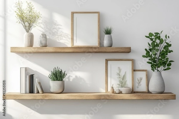 Obraz Stylish wood floating shelves with frames and vases enhancing modern living room decor