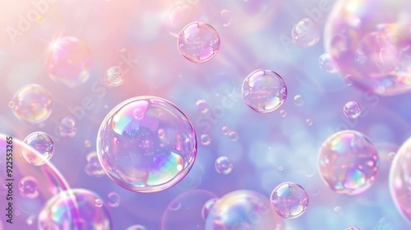 Obraz Craft a serene image of soap bubbles floating softly against a pastel-colored backdrop. Highlight the iridescent colors and reflections on each bubble, creating a tranquil and magical atmosphere.