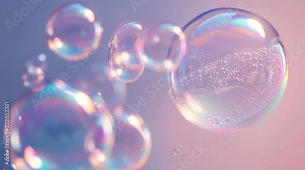 Fototapeta Craft a serene image of soap bubbles floating softly against a pastel-colored backdrop. Highlight the iridescent colors and reflections on each bubble, creating a tranquil and magical atmosphere.
