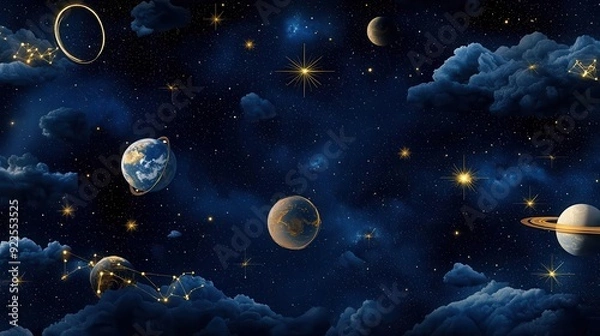 Fototapeta Cosmic sky with planets, stars, and clouds.