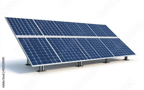 Fototapeta Detailed image of a solar panel array with a minimalist design, isolated on a white background, showcasing renewable energy technology.