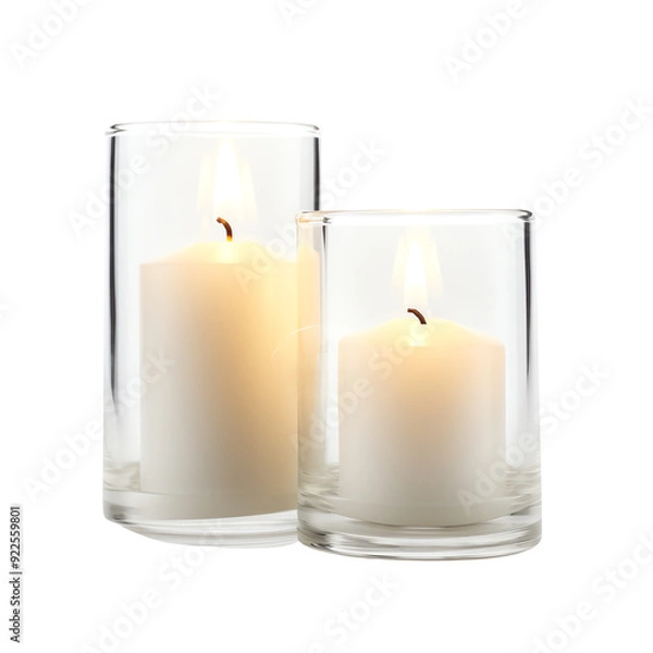 Obraz Two elegant white candles in clear glass holders, providing a warm, serene ambiance. Perfect for home decor, parties, or relaxation.
