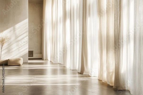 Obraz Soft natural light gently filters through floor-to-ceiling linen curtains in a serene, minimalist living room, highlighting the tranquil atmosphere and elegant design
