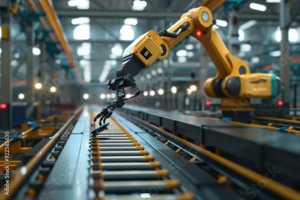 Fototapeta Robot arm on conveyor belt in factory