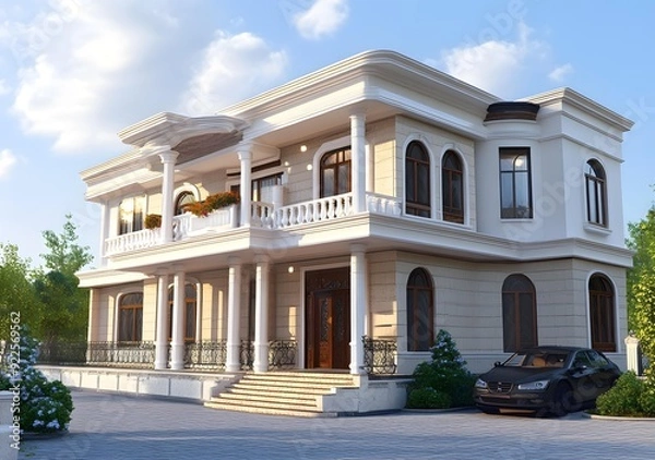 Fototapeta Luxury Classic Style Villa With White Columns and Arched Windows