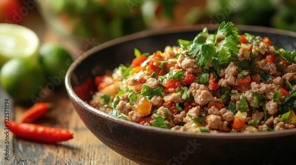Fototapeta Deliciously spiced meat salad with fresh vegetables, herbs, and vibrant colors, perfect for healthy meals or entertaining.