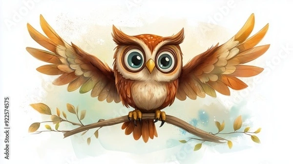 Fototapeta hand-drawn painting of a cartoon owl with a big, happy smile, The watercolor scene includes rich browns and vibrant greens, with the owl isolated on a light background