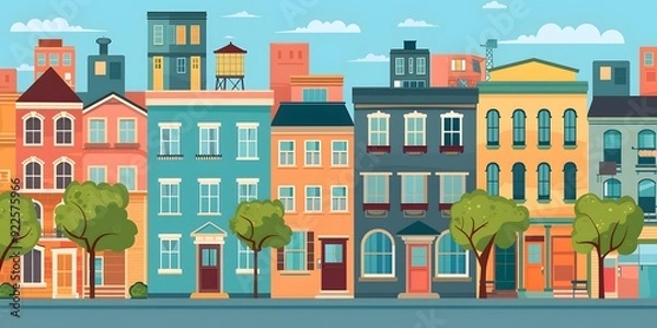 Obraz Colorful Cityscape Illustration With Row of Houses and Trees