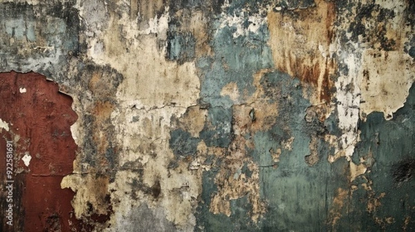 Fototapeta A weathered wall with peeling paint and a rough texture, capturing the passage of time and decay.
