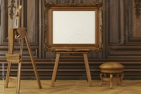 Fototapeta Wooden Easel with Blank Canvas and Ornate Frame in Vintage Interior