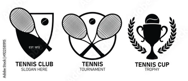 Fototapeta Tennis emblem collection - Set of logotype tournament cup trophy  - vector badges - racket and ball