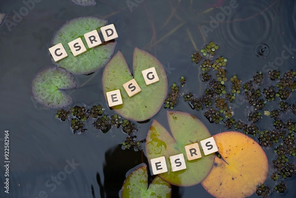 Obraz Wooden tiles with sustainability related abbreviations like CSRD, ESG and ESRS placed on water lilies in a pond