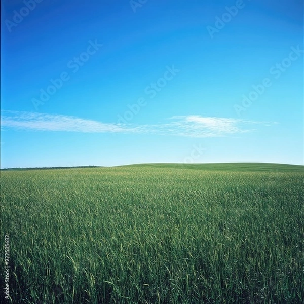 Fototapeta A vast green savannah landscape, with tall grasses swaying under a clear blue sky