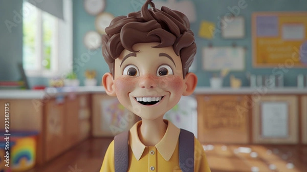 Fototapeta A kid grinning with pride after completing a school project.Animated character, C4D model rendering, 3D rendering - Generative AI