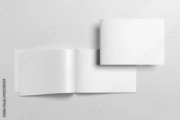 Fototapeta Blank cover and opened landscape brochure and catalog mockup top angle view