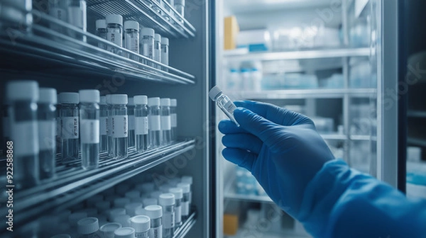 Fototapeta Scientist wearing gloves and selecting a vial in a laboratory refrigerator.