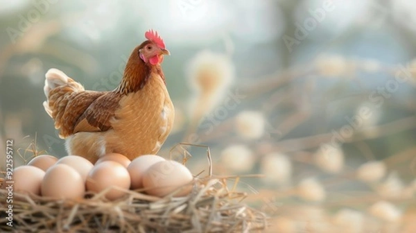Fototapeta Hen Nesting With Fresh Eggs in A Rustic Setting