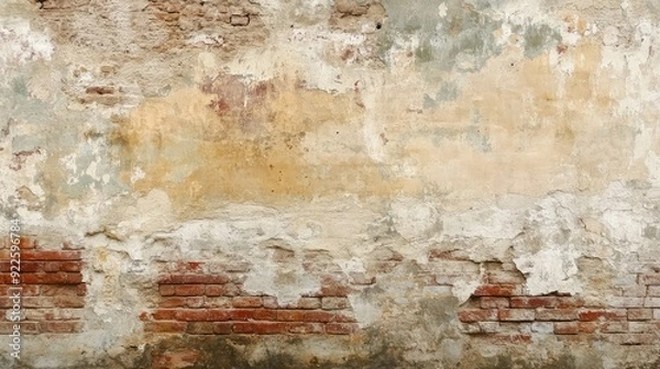Fototapeta Ancient brick wall with faded frescoes and weathered surfaces, showing the passage of time.
