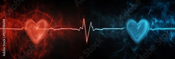 Fototapeta This artwork captures the intricate activity of the heart with vibrant red and blue hearts and a detailed cardiogram line, symbolizing the dynamic nature of emotional and physical heartbeats