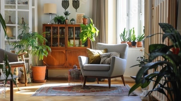 Fototapeta Cozy Living Room with Modern and Vintage Furniture, Warm Lighting, and Indoor Plants for a Charming Ambiance