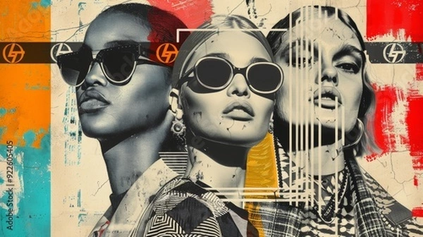 Obraz High fashion poster with 80s and 90s Retro futuristic aesthetic. Grunge noise Creative Mixed media collage. Stylish vintage backdrop, grunge graphic design style.