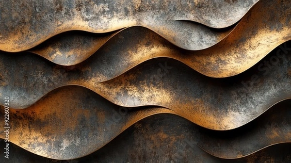 Fototapeta Abstract metal waves with rust and gold tones creating dynamic texture