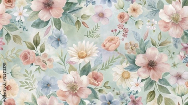 Fototapeta A delicate and romantic floral pattern featuring a variety of pink, white, and blue flowers on a soft mint green background, symbolizing beauty, tranquility, spring, nature, and growth.