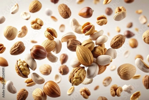 Fototapeta A variety of nuts and seeds are falling, representing a healthy snack, natural ingredients, energy boost, delicious taste, and wholesome goodness.
