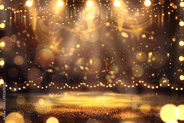 Fototapeta Glamorous Stage: Illuminated Podium with Golden Spotlights and Glittering Particles, Perfect for Award Ceremonies and Theatrical Performances