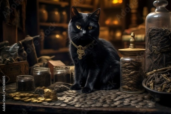 Fototapeta A black cat adorned with a necklace sits among coins and jars in a mystical, cluttered setting.
