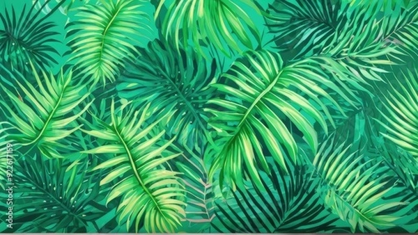Fototapeta An intricate pattern of overlapping green palm fronds, capturing the lush and serene atmosphere of a tropical paradise
