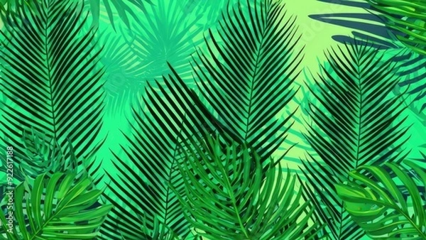 Fototapeta A close-up of vibrant green palm leaves layered together, showcasing the rich textures and natural beauty of tropical foliage