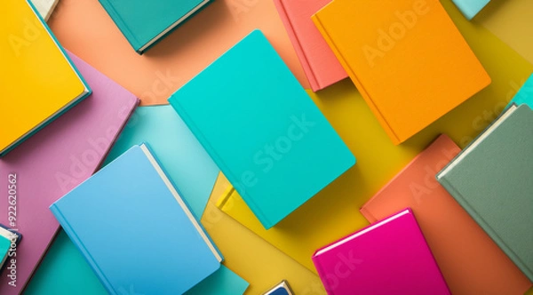 Fototapeta Colorful books background, colorful books in top view with shadow and copy space for text or design