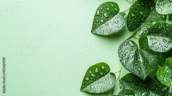 Obraz Houttuynia cordata leaves with water drops on light green plain background, cosmetic banner