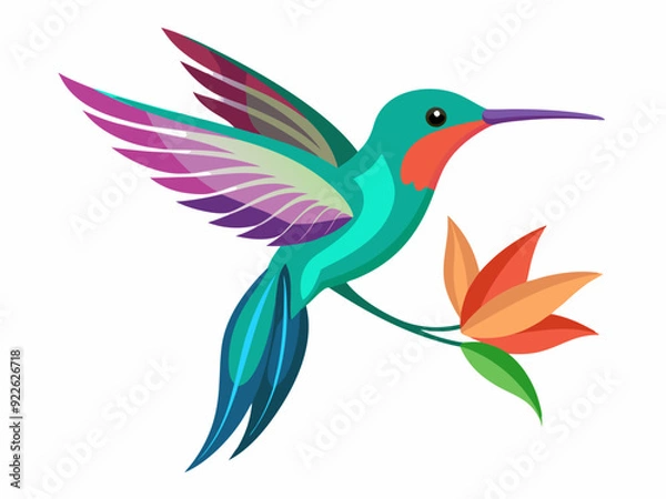 Fototapeta Colibri. Colibri tropical volant multicolore avec fleur isolée sur fond blanc. Illustration vectorielle d’un oiseau paradisiaque brillant survolant la fleur en fleurs - Illustration
