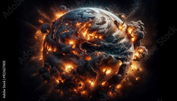 Obraz View from space of Earth engulfed in explosions, flames and destruction against backdrop of black universe. Catastrophe, apocalypse, end of world, world war. For book cover, advertising, background